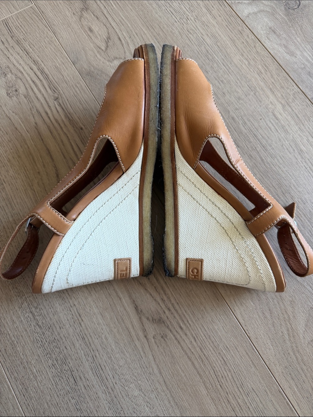 Authentic Chanel Tan Leather Slingback Wedge Sandals - Picture 4 of 7
